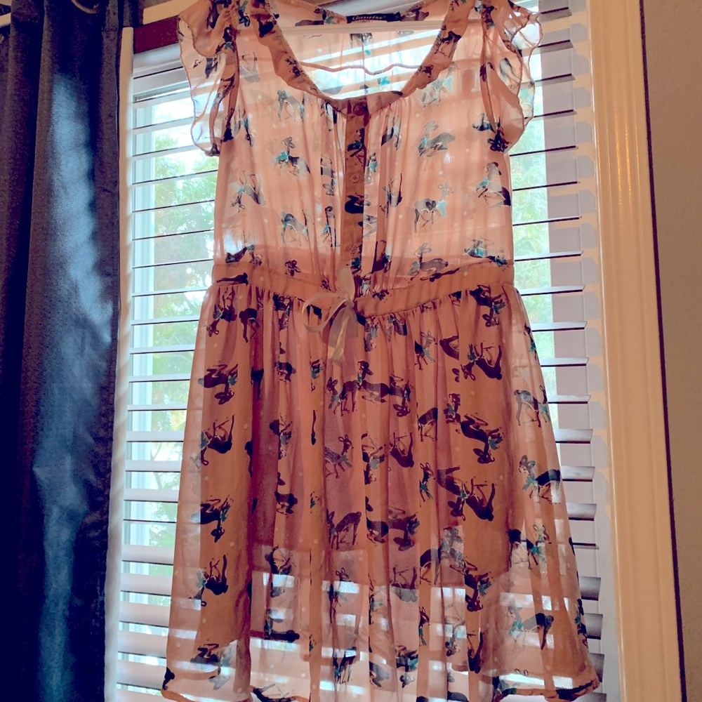Super cute deer patterned dress! Mid length, size medium with ribbon tied waist
